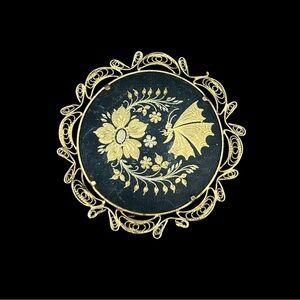 VTG Damascene Circle Brooch Pin Flowers Insect Leaves Black Gold Filigree MCM